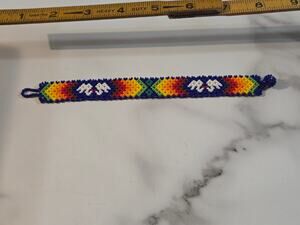 Vintage Native American Style Beaded Peyote Bird Geometric Cuff Bracelet 7.5"